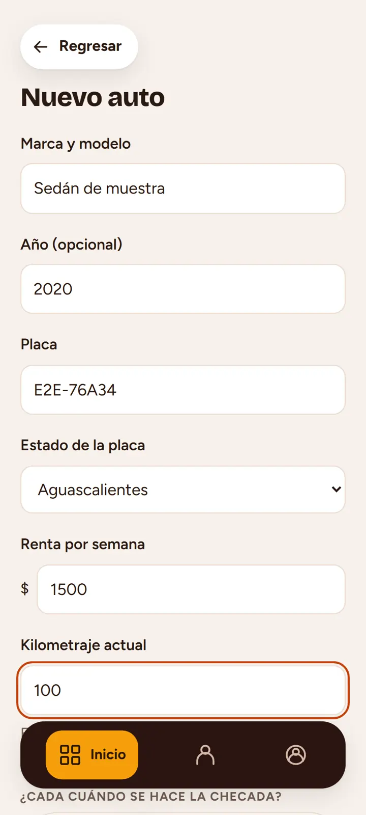 Formulario para agregar un auto con información ficticia