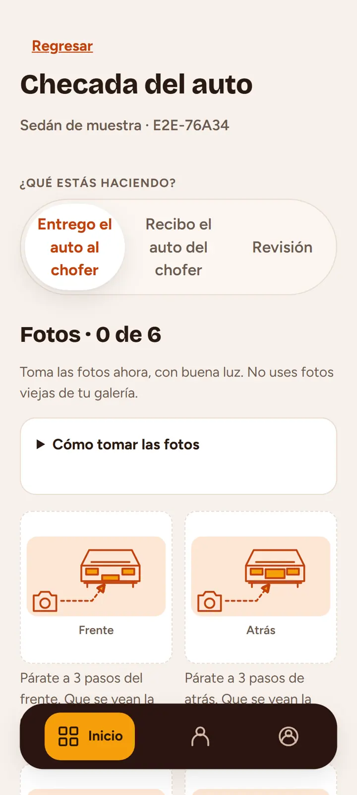 Checada con fotos guiadas, kilometraje y nivel de gasolina